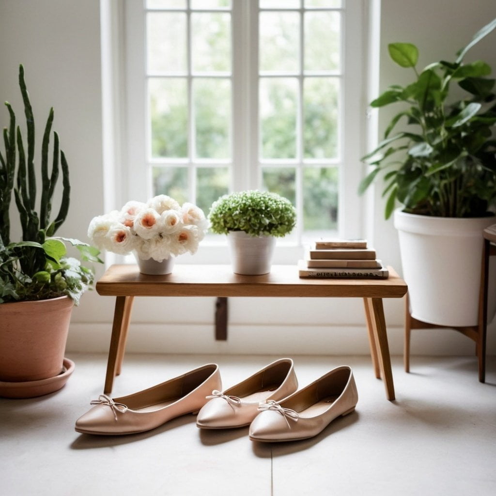 A cozy indoor scene features two pairs of stylish beige ballet flats on the floor. A wooden bench holds white flowers and small potted plants, set against a large window. Lush green plants surround the space, creating a serene atmosphere for fashionable women to relax in.