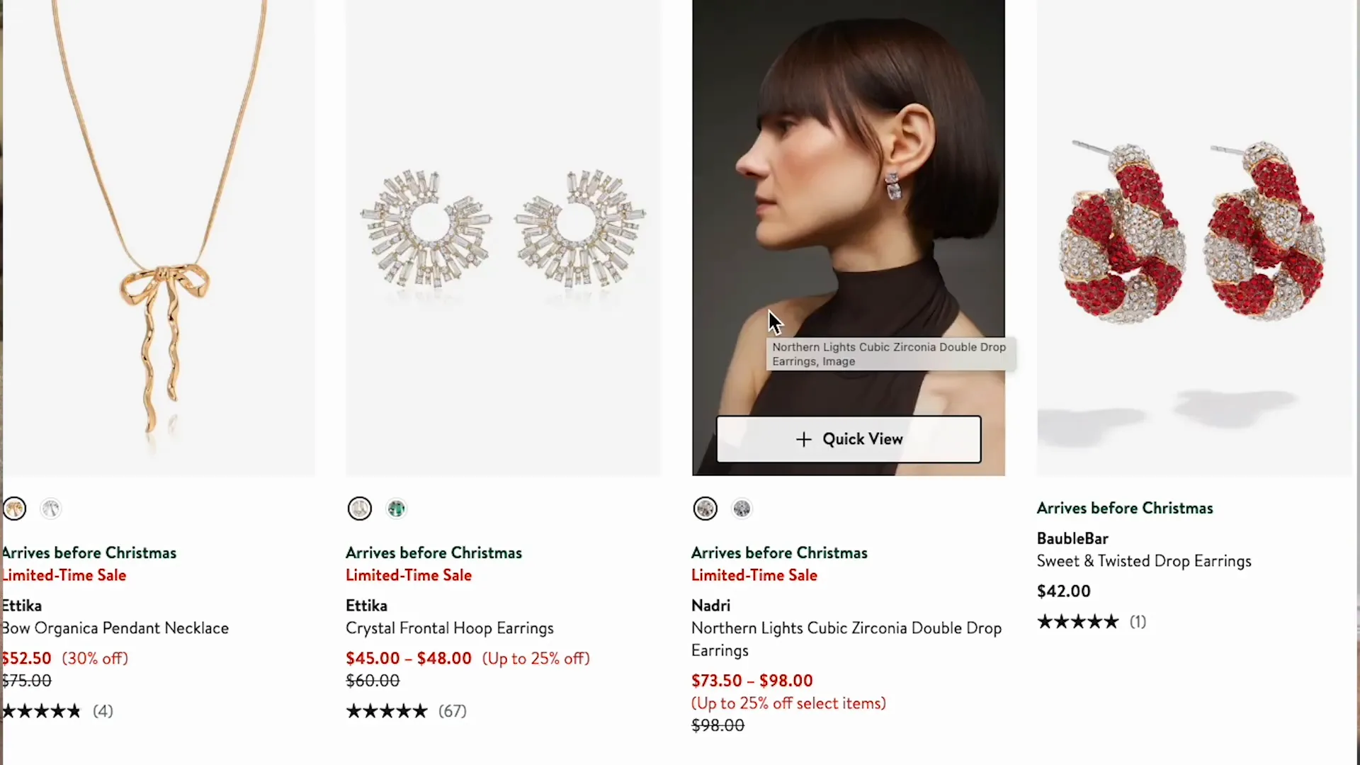 Variety of holiday jewelry pieces, from statement necklaces to delicate earrings