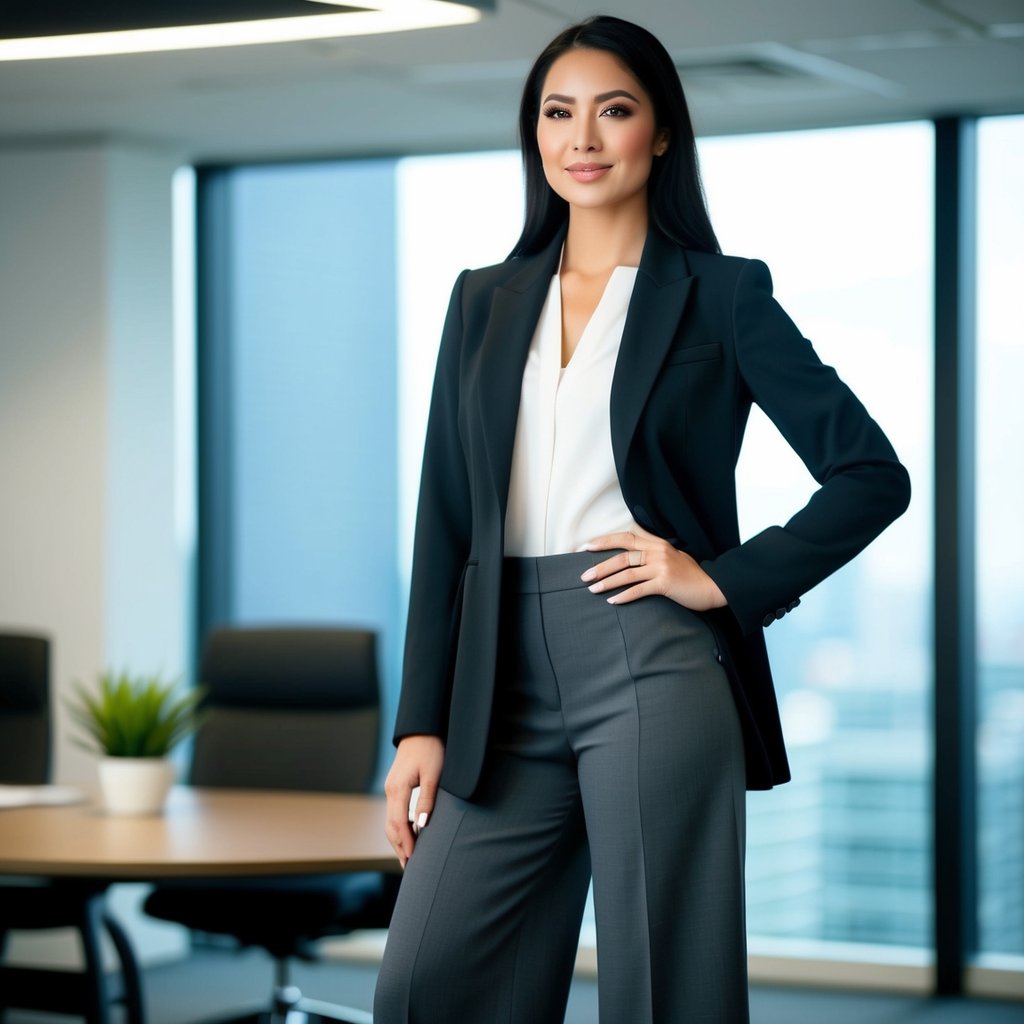 A confident woman in a business suit stands in a bright office, showcasing impeccable style tips with her black blazer, white blouse, and gray pants. A round table and plant complement the modern high-rise setting with large windows.