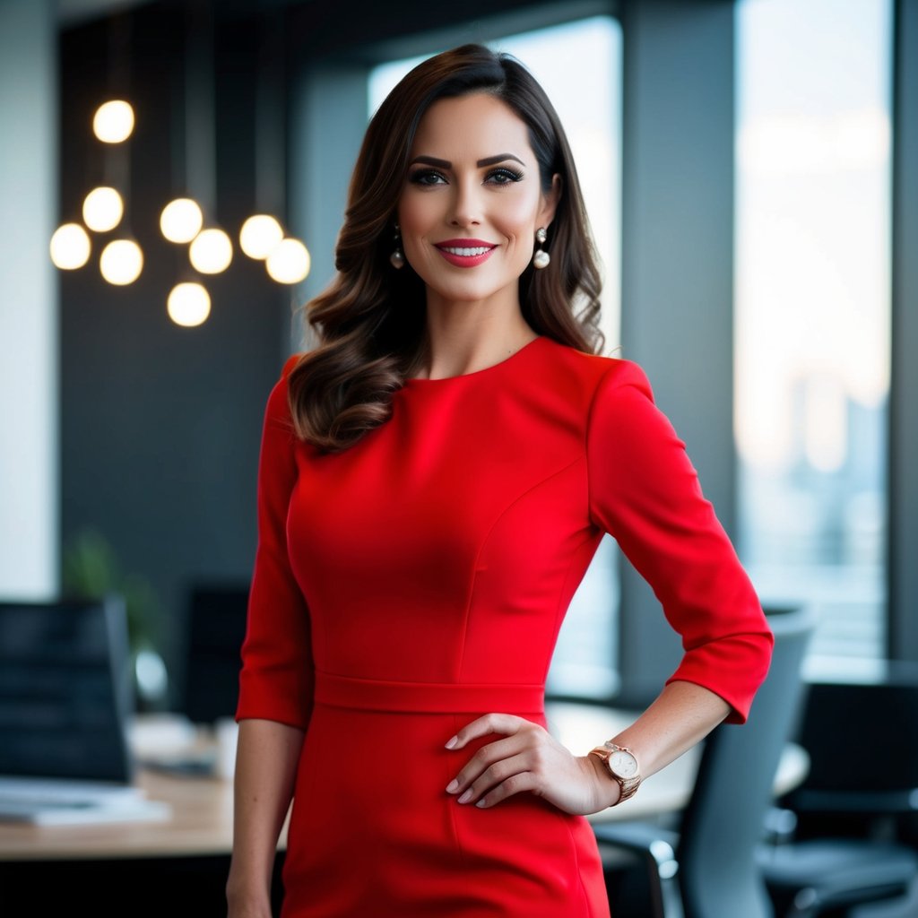 A woman in a red dress stands confidently in a modern office, showcasing style tips with her long brown hair, chic earrings, and a stylish watch. She smiles amid hanging lights and large windows that offer a stunning city view.