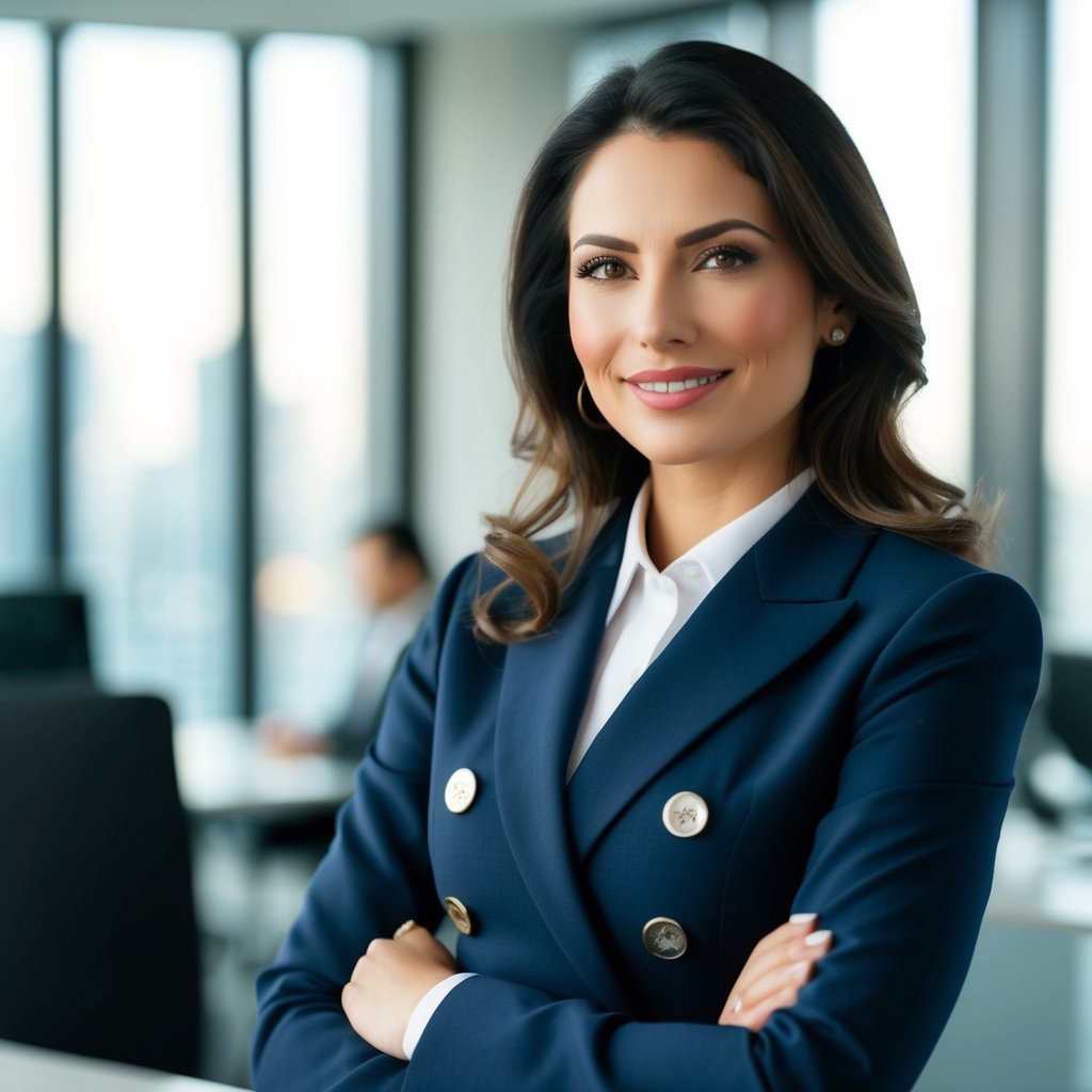 A woman in a business suit stands confidently in an office with large windows. Her long, wavy hair is perfectly styled, embodying professional style tips. She smiles with her arms crossed, while a blurred figure is seated in the background.
